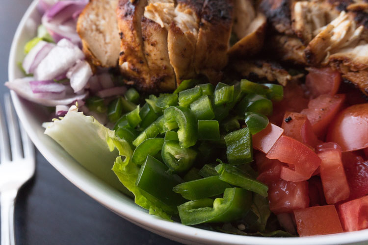 A southwest chicken salad recipe from No Diets Allowed with chopped vegetables