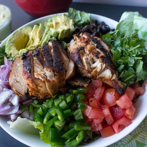 A southwest chicken salad recipe from No Diets Allowed with chopped vegetables